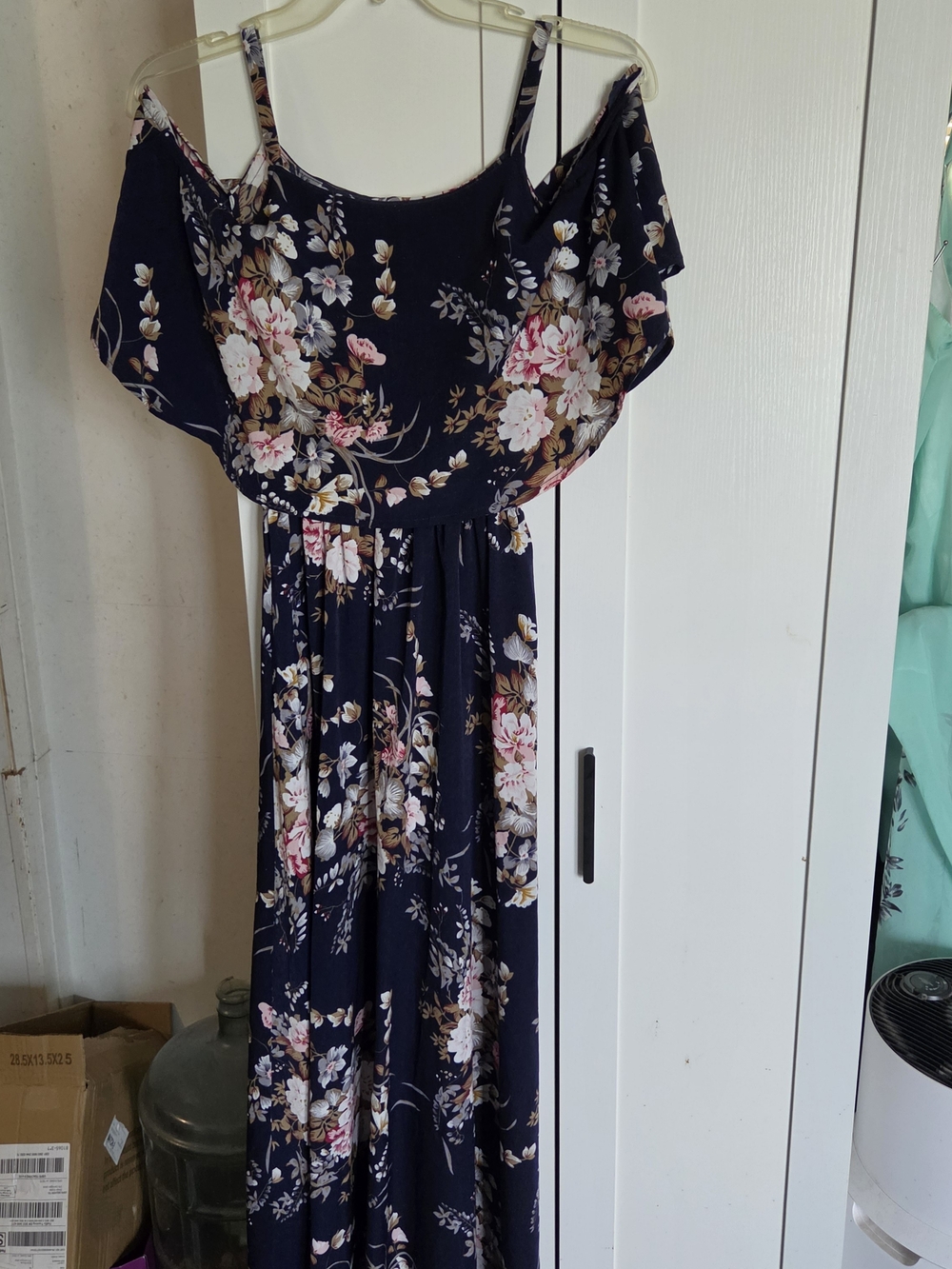 SHEIN Navy Floral Cold-Shoulder Maxi Dress with Pink & Cream Blooms